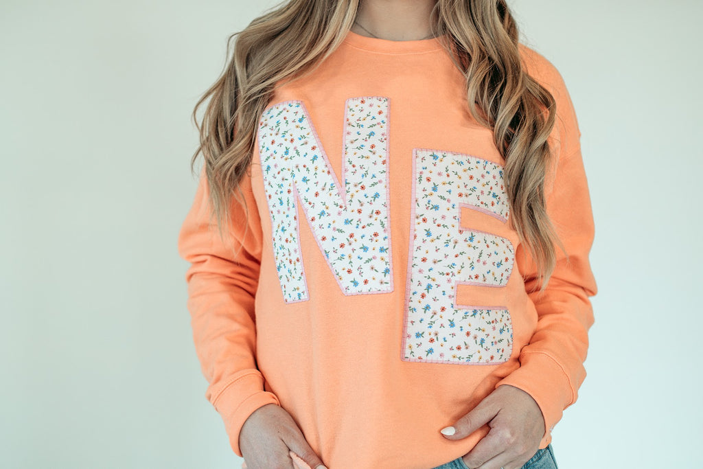 NE (wildflower + light pink backing) - CANTALOUPE RAW EDGE CREWNECK