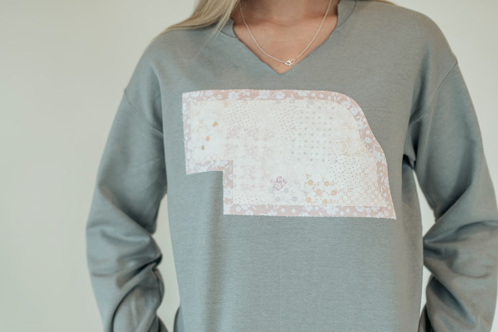 STATE OF NE (pink patchwork + light pink floral) - CEMENT GREY V-NECK CREW