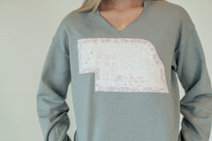 STATE OF NE (pink patchwork + light pink floral) - CEMENT GREY V-NECK CREW