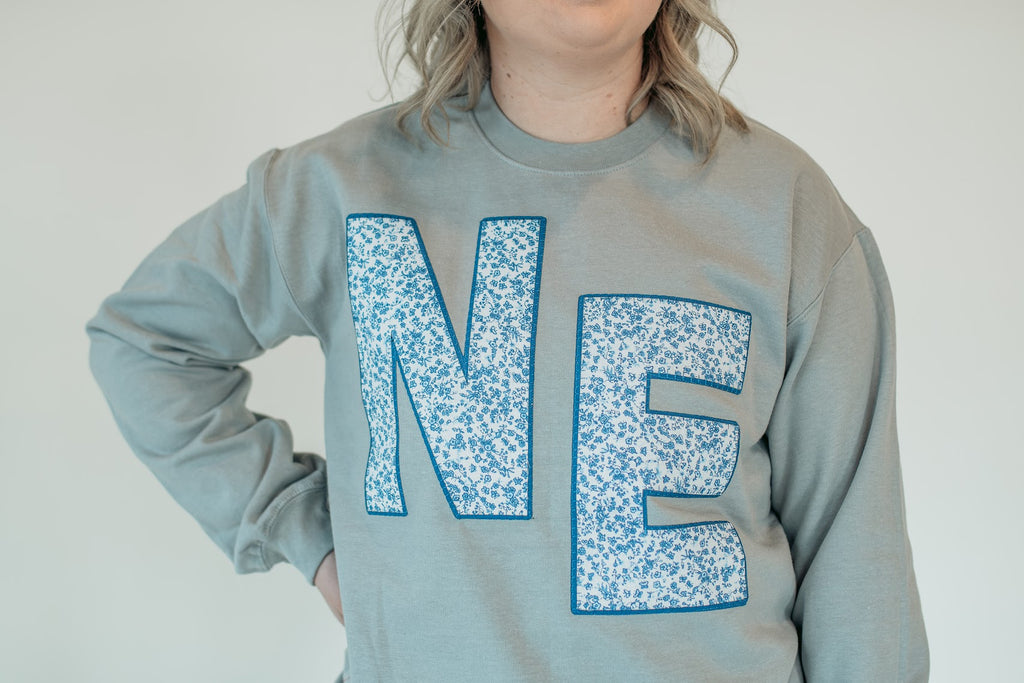 NE (blue floral + navy backing) - CEMENT GREY CREW