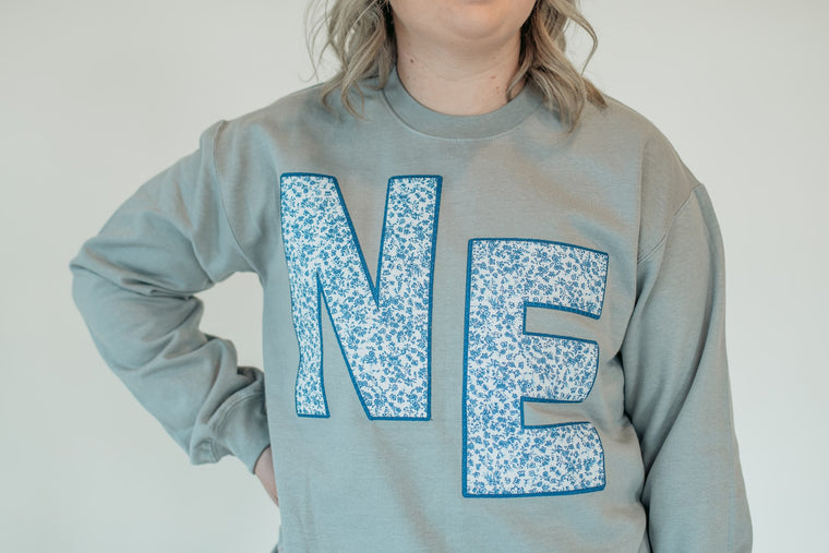 NE (blue floral + navy backing) - CEMENT GREY CREW