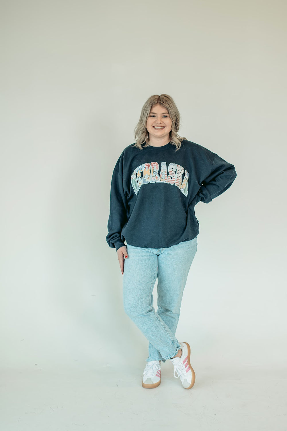 NEBRASKA (BLUE FLORAL PATCHWORK + LIGHT BLUE BACKING) - NAVY CREWNECK