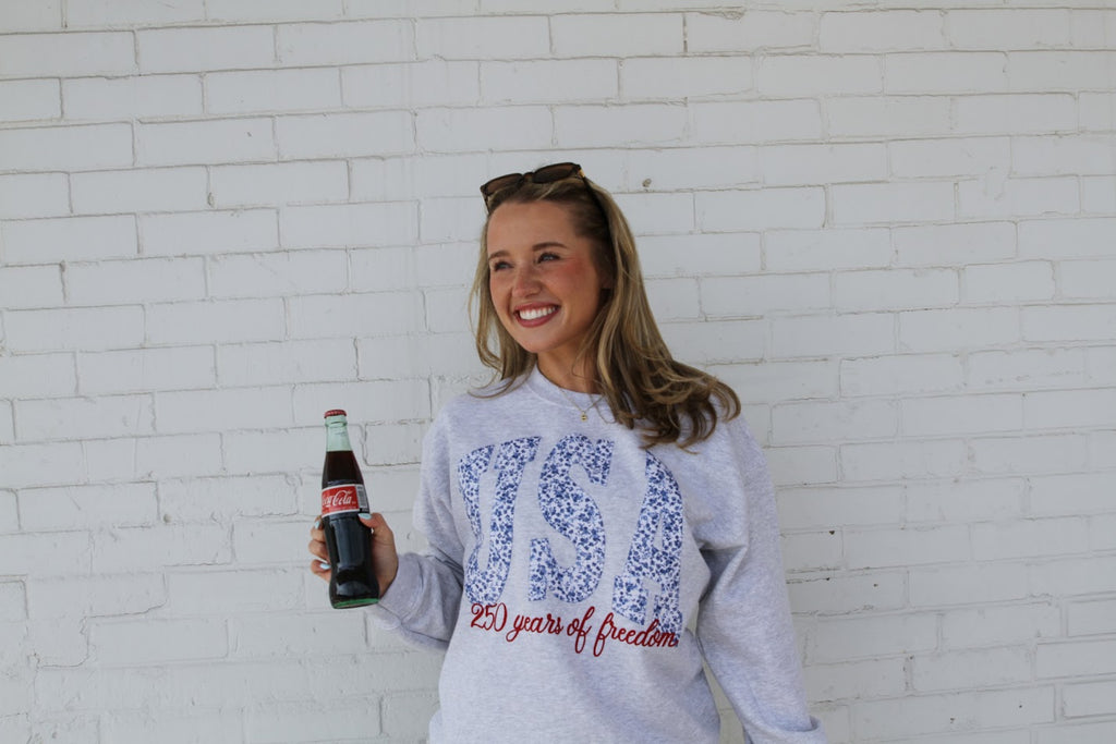USA (BLUE FLORAL) 250 YEARS OF FREEDOM (red embroidered) - ASH GREY CREWNECK