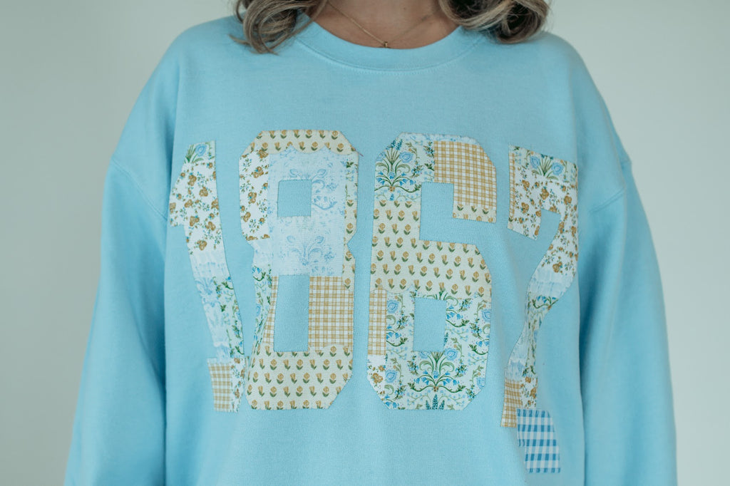 1867 (yellow patchwork) + STATE (blue gingham) - LIGHT BLUE CREWNECK