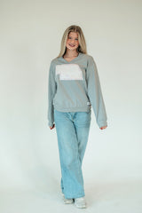 STATE OF NE (pink patchwork + light pink floral) - CEMENT GREY V-NECK CREW