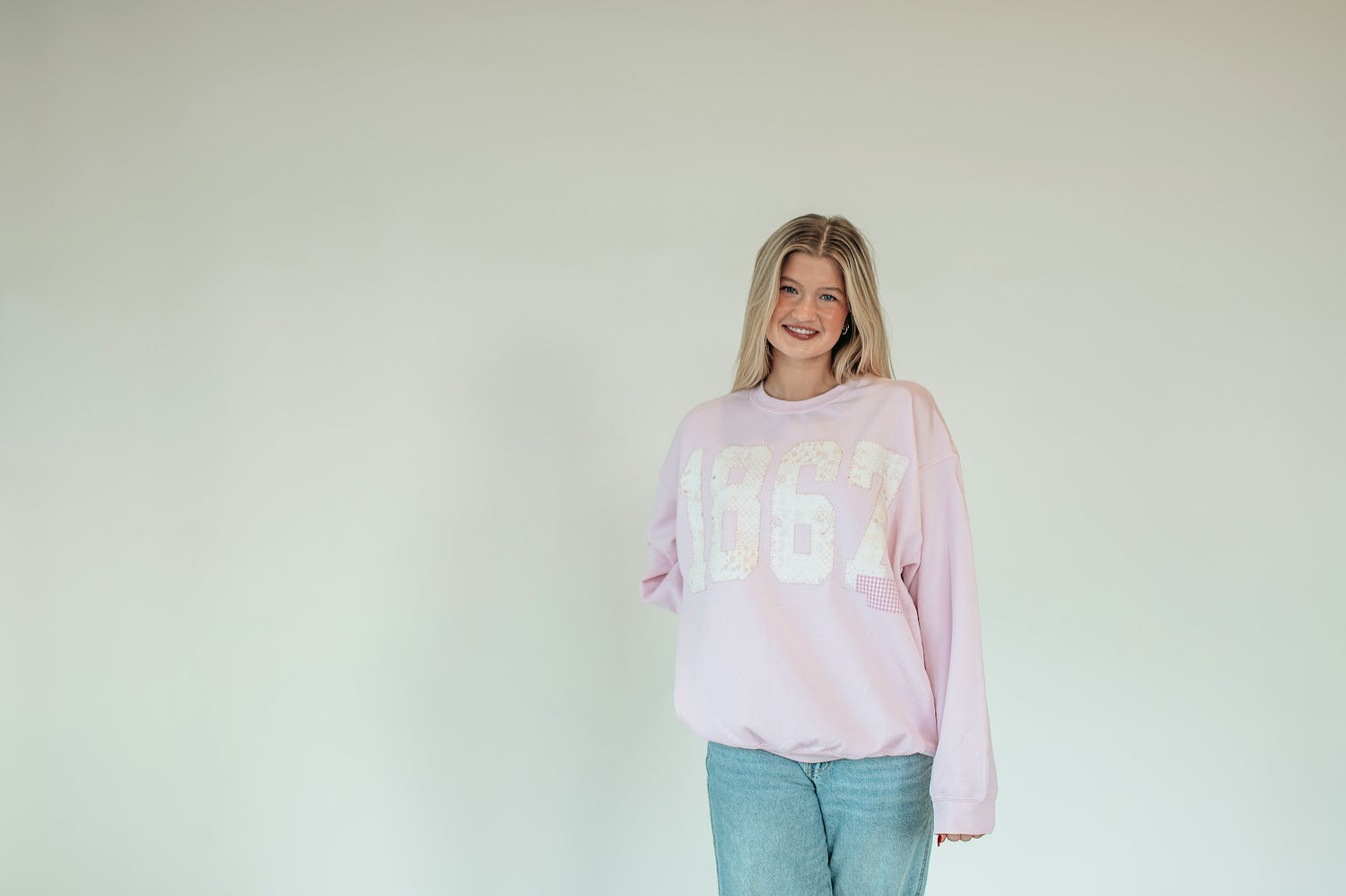 1867 (pink patchwork) + STATE (pink gingham) - LIGHT PINK CREWNECK