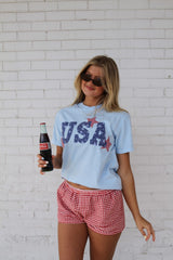 CHAMRBAY FLORAL  USA + RED GINGHAM STARS - LIGHT BLUE TSHIRT
