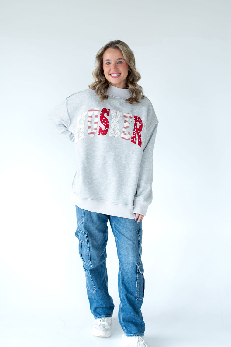 PATCHWORK HUSKERS - GREY MOCKNECK