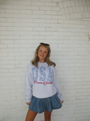 USA (BLUE FLORAL) 250 YEARS OF FREEDOM (red embroidered) - ASH GREY CREWNECK