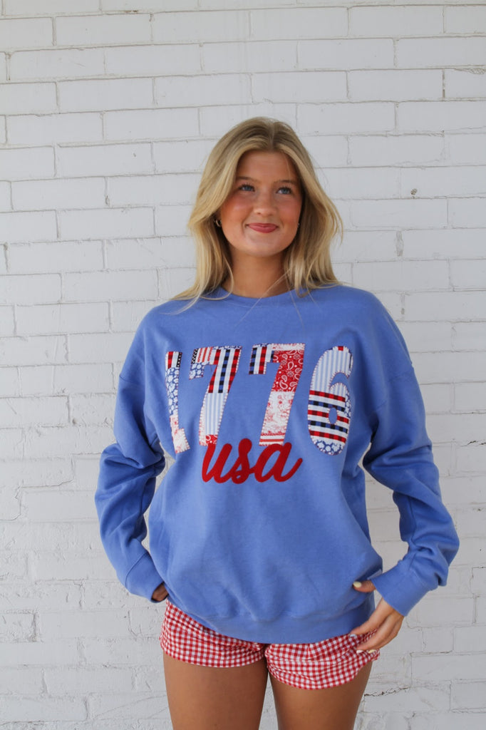 1776 (Americana Patchwork) USA  (red) - CAROLINA BLUE CREWNECK