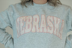 NEBRASKA (pink patchwork + light pink backing) - ASH GREY CREWNECK