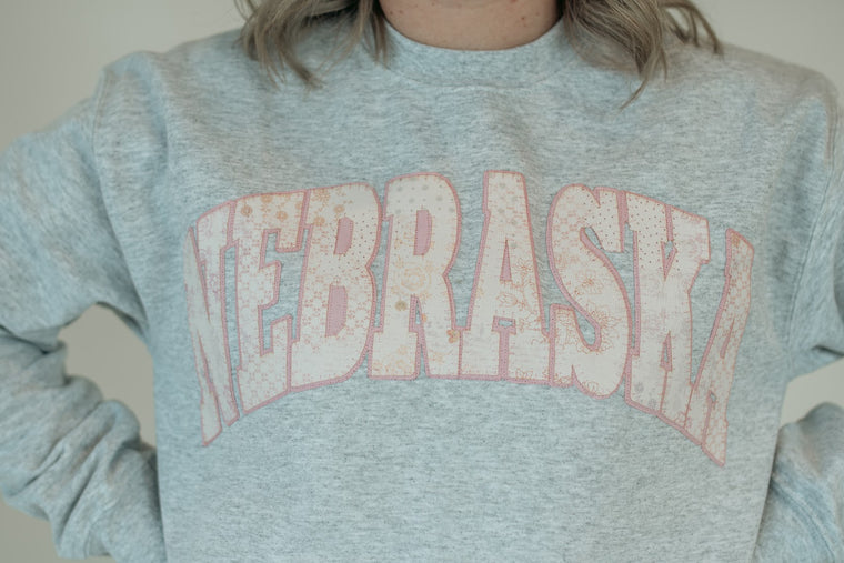 NEBRASKA (pink patchwork + light pink backing) - ASH GREY CREWNECK