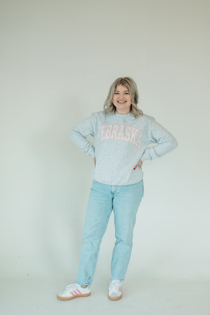 NEBRASKA (pink patchwork + light pink backing) - ASH GREY CREWNECK