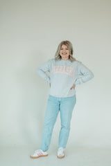 NEBRASKA (pink patchwork + light pink backing) - ASH GREY CREWNECK