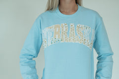 NEBRASKA (yellow patchwork + white backing) - LIGHT BLUE CREWNECK