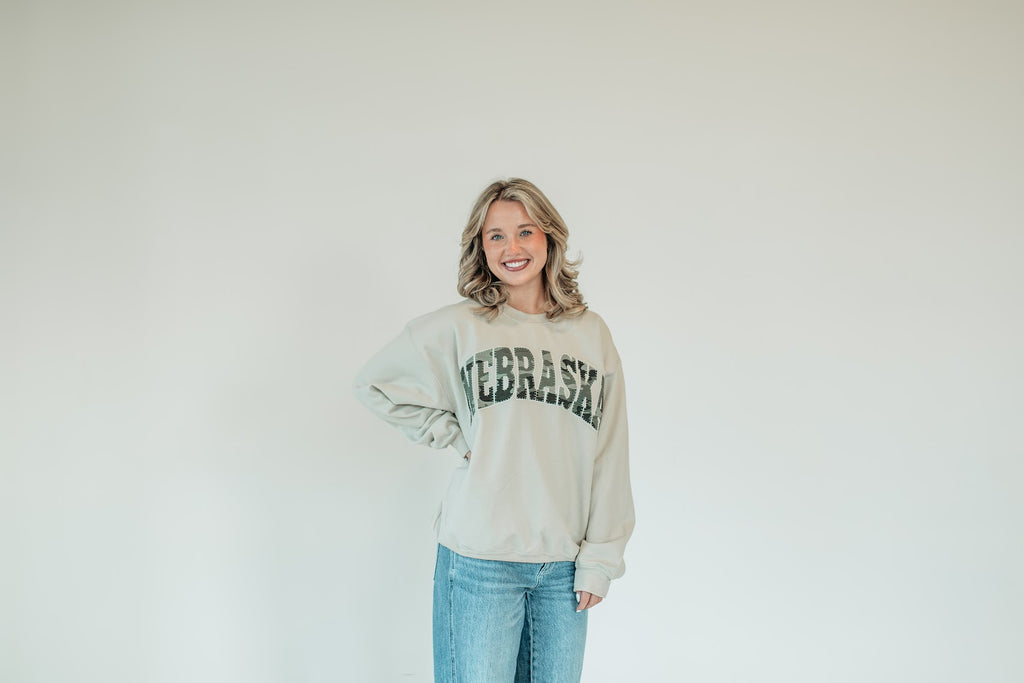 NEBRASKA (camo + white backing) - SAND CREWNECK