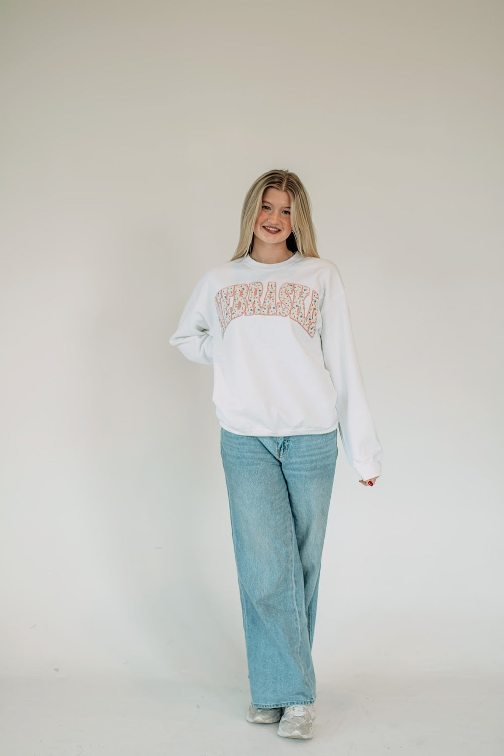 NEBRASKA (wildflower + light pink backing) - WHITE CREWNECK