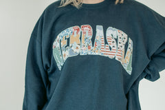 NEBRASKA (BLUE FLORAL PATCHWORK + LIGHT BLUE BACKING) - NAVY CREWNECK