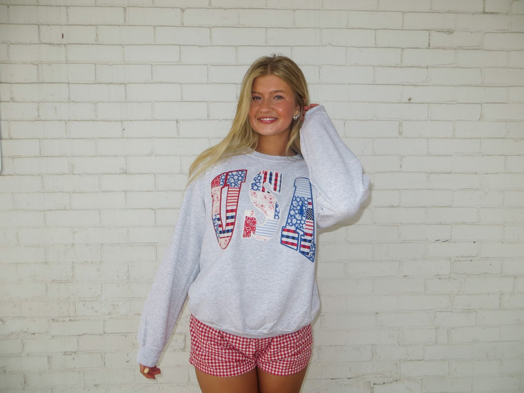 AMERICANA PATCHWORK USA (red + white+ blue backing) - ASH GREY CREWNECK