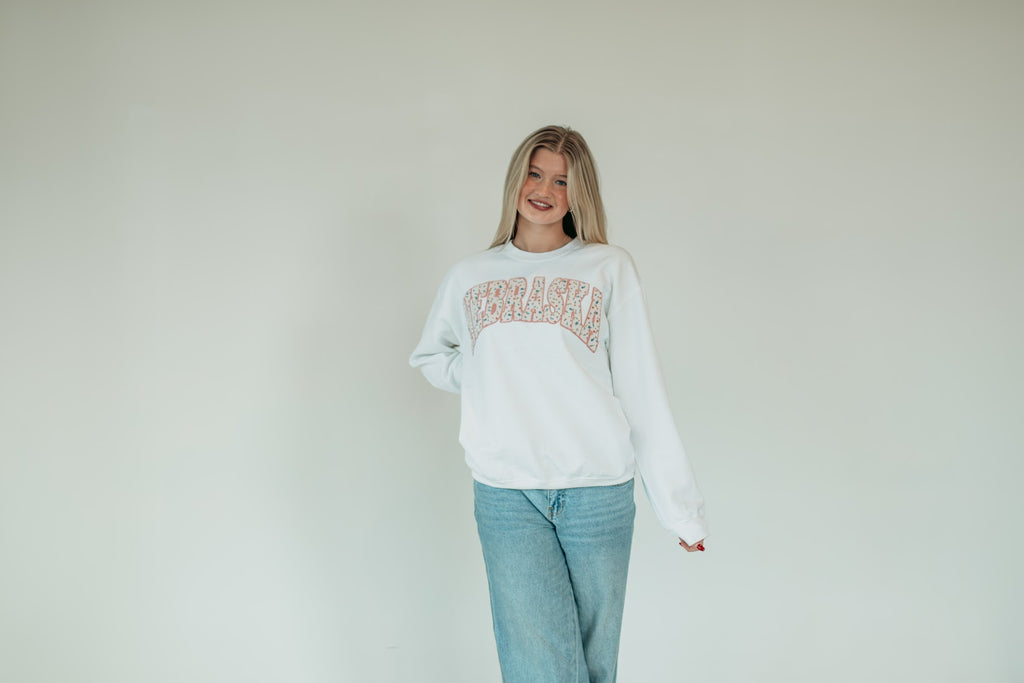 NEBRASKA (wildflower + light pink backing) - WHITE CREWNECK