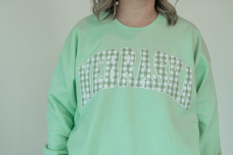 NEBRASKA (green gingham + white backing) - MINT CREWNECK