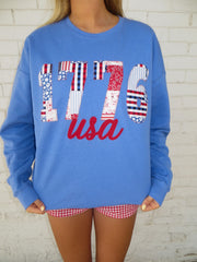 1776 (Americana Patchwork) USA  (red) - CAROLINA BLUE CREWNECK