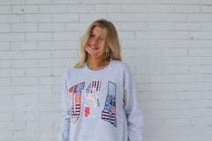 AMERICANA PATCHWORK USA (red + white+ blue backing) - ASH GREY CREWNECK