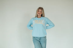 NEBRASKA (yellow patchwork + white backing) - LIGHT BLUE CREWNECK