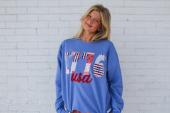 1776 (Americana Patchwork) USA  (red) - CAROLINA BLUE CREWNECK