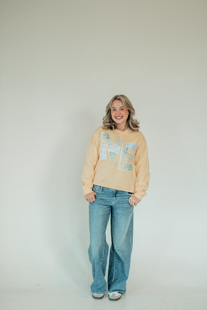 NE (yellow patchwork + white backing) - YELLOW RAW EDGE CREWNECK