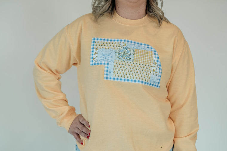 STATE OF NE (yellow patchwork + blue gingham backing) - YELLOW CREWNECK