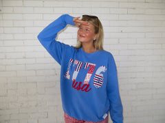 1776 (Americana Patchwork) USA  (red) - CAROLINA BLUE CREWNECK