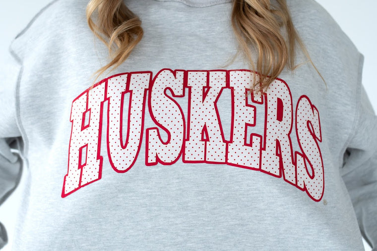 HUSKERS (red/white polka + red backing) - GREY MOCKNECK