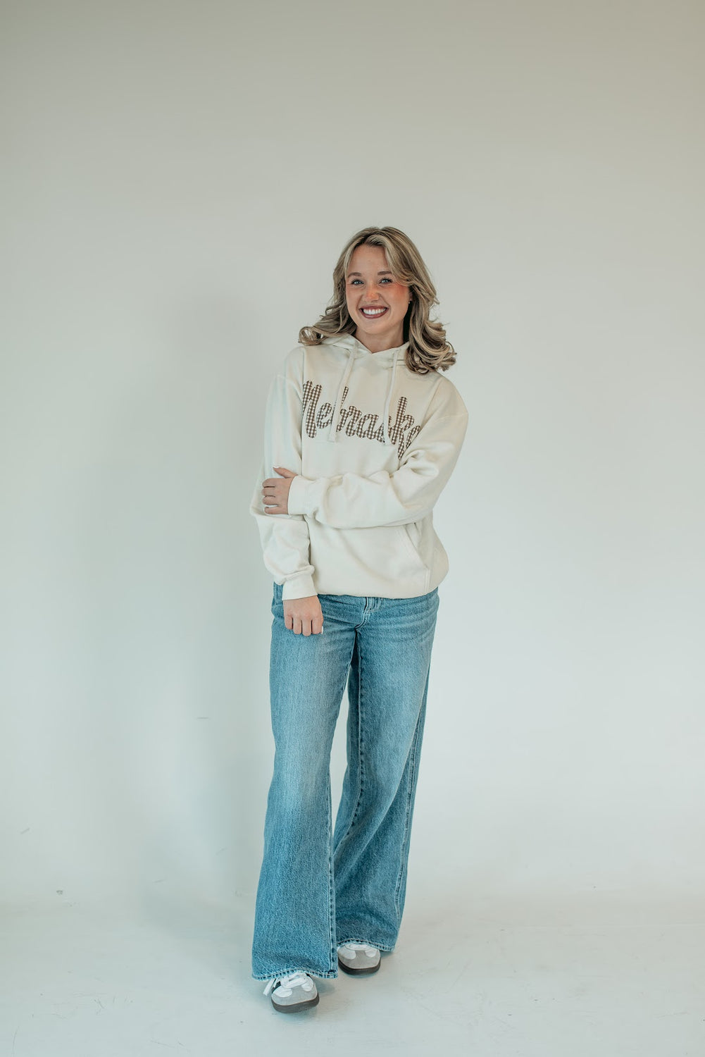 VINTAGE BROWN GINGHAM NEBRASKA - IVORY HOODIE