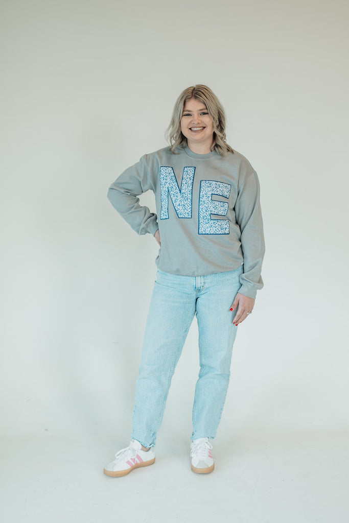 NE (blue floral + navy backing) - CEMENT GREY CREW