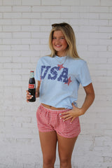 CHAMRBAY FLORAL  USA + RED GINGHAM STARS - LIGHT BLUE TSHIRT