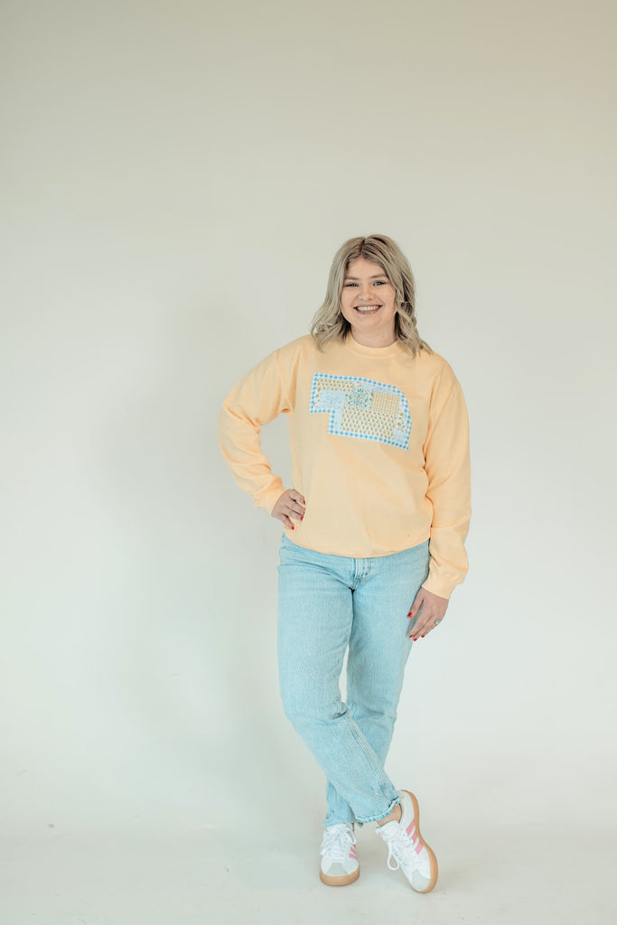 STATE OF NE (yellow patchwork + blue gingham backing) - YELLOW CREWNECK