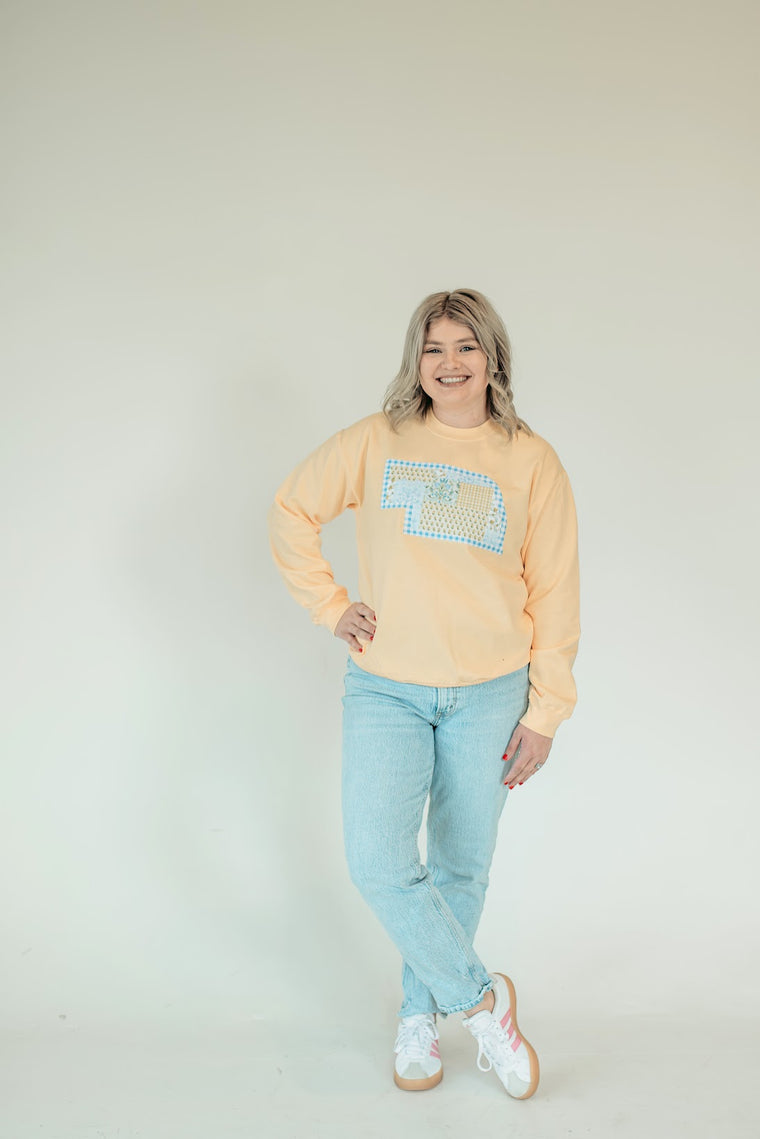 STATE OF NE (yellow patchwork + blue gingham backing) - YELLOW CREWNECK