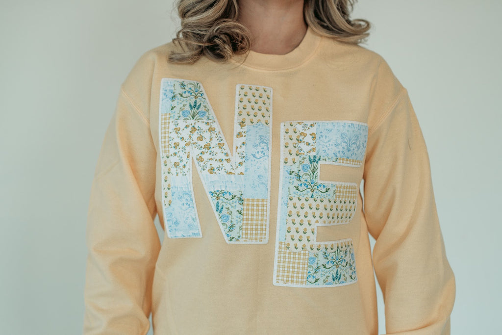 NE (yellow patchwork + white backing) - YELLOW RAW EDGE CREWNECK