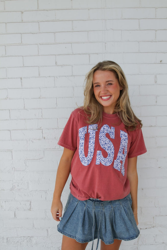 BLUE FLORAL USA - CRIMSON COMFORT COLORS TEE