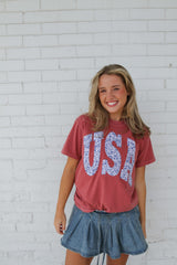 BLUE FLORAL USA - CRIMSON COMFORT COLORS TEE