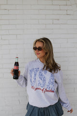 USA (BLUE FLORAL) 250 YEARS OF FREEDOM (red embroidered) - ASH GREY CREWNECK
