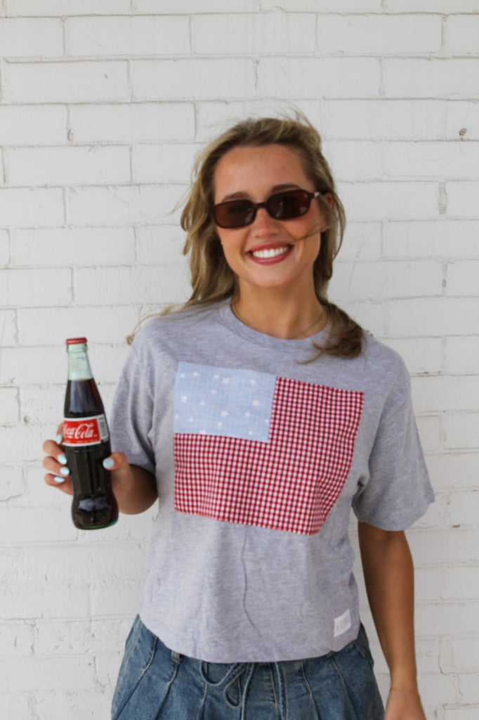 FLAG (RED GINGHAM + CHAMBRAY STARS) - GREY TSHIRT