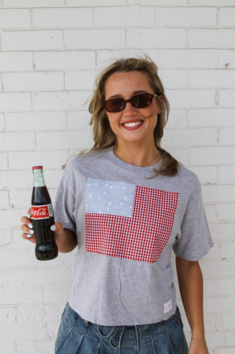 FLAG (RED GINGHAM + CHAMBRAY STARS) - GREY TSHIRT