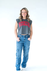RED POLKA DOT HUSKERS - CHARCOAL MUSCLE TEE