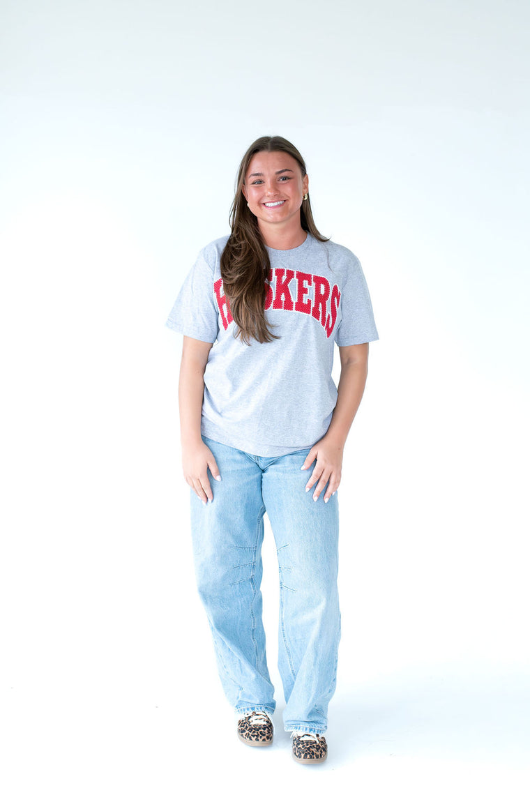 RED/WHITE POLKA DOT + WHITE BACKING HUSKERS- GREY TEE