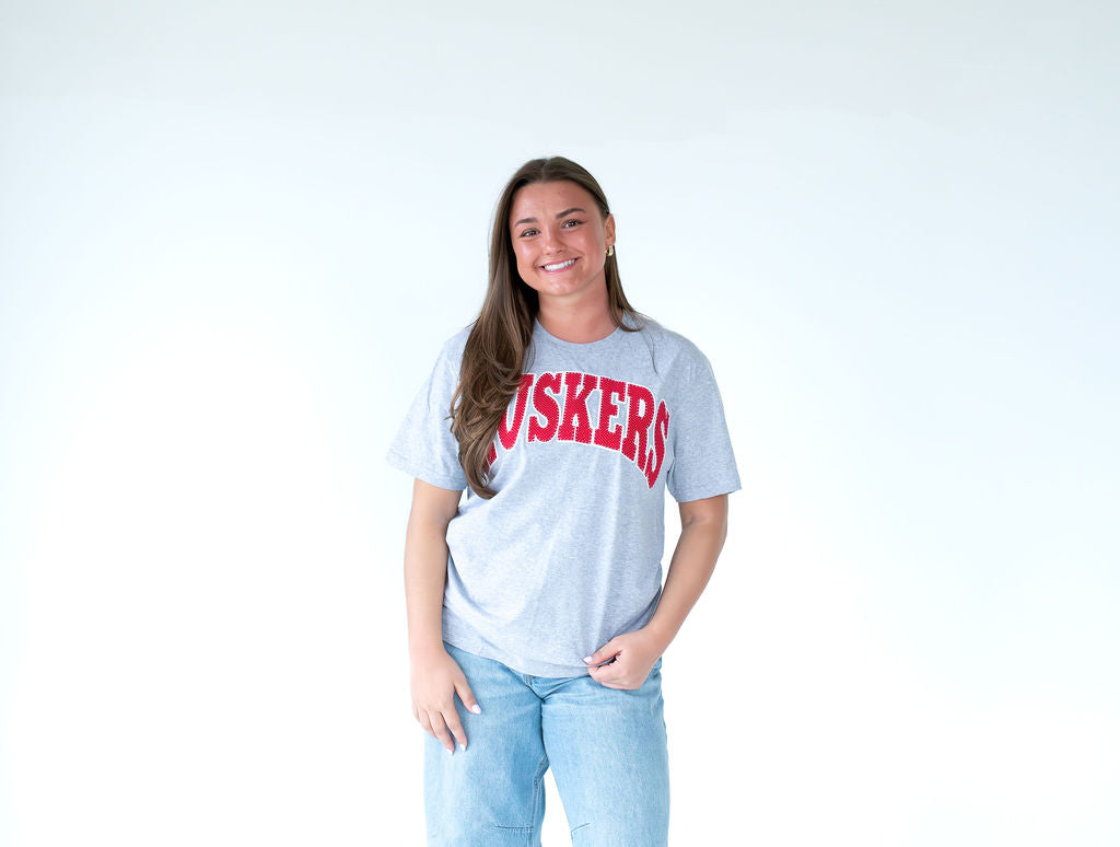 RED/WHITE POLKA DOT + WHITE BACKING HUSKERS- GREY TEE