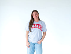 RED/WHITE POLKA DOT + WHITE BACKING HUSKERS- GREY TEE