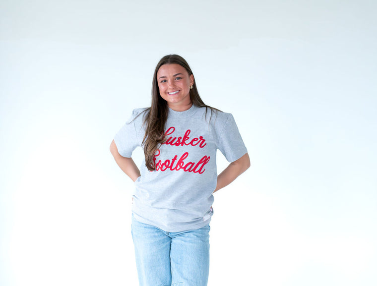 HUSKER FOOTBALL or CUSTOM SPORT (Red Signature) - GREY TEE