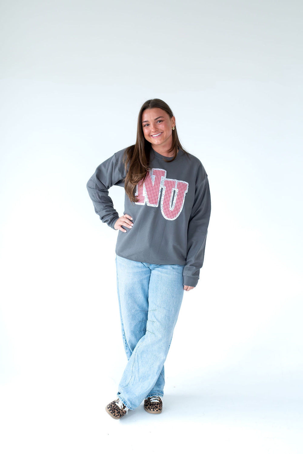 RED GINGAHM/LACE NU - CHARCOAL CREWNECK
